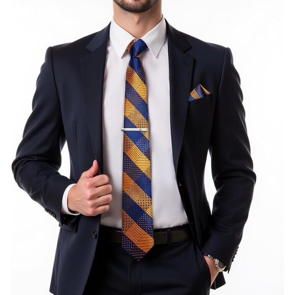 🆕Men Blue Plaid Silk Checkered Necktie Pocket Square Cufflinks Tie Clip Set - Picture 2 of 6